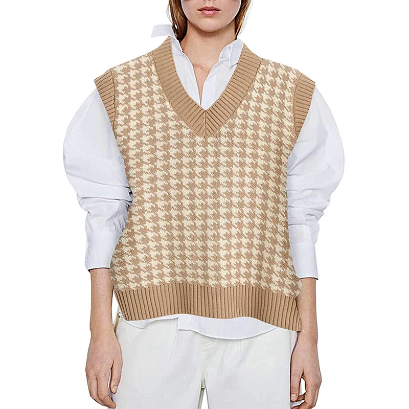 Damen Strickweste mit Hahnentritt-Muster, V-Ausschnitt und geripptem Saum Nord Taschen