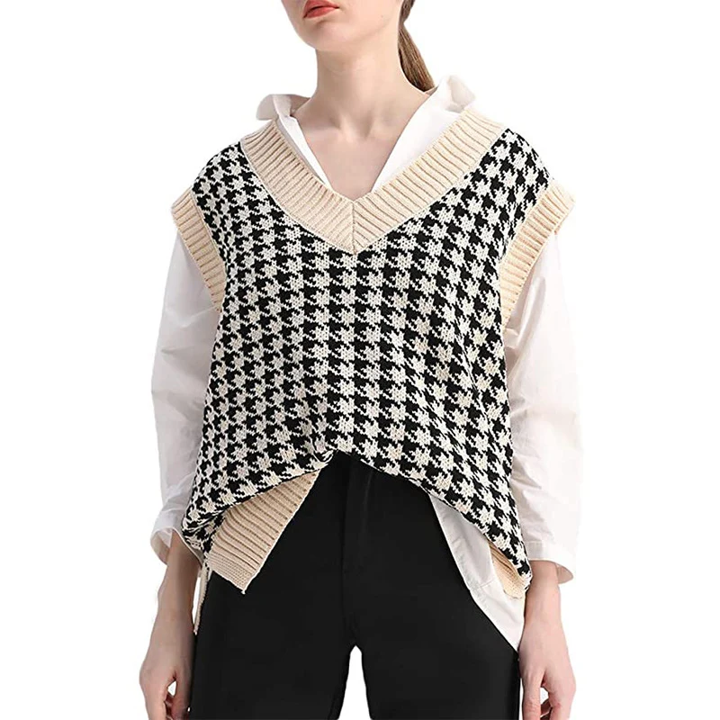 Damen Strickweste mit Hahnentritt-Muster, V-Ausschnitt und geripptem Saum Nord Taschen