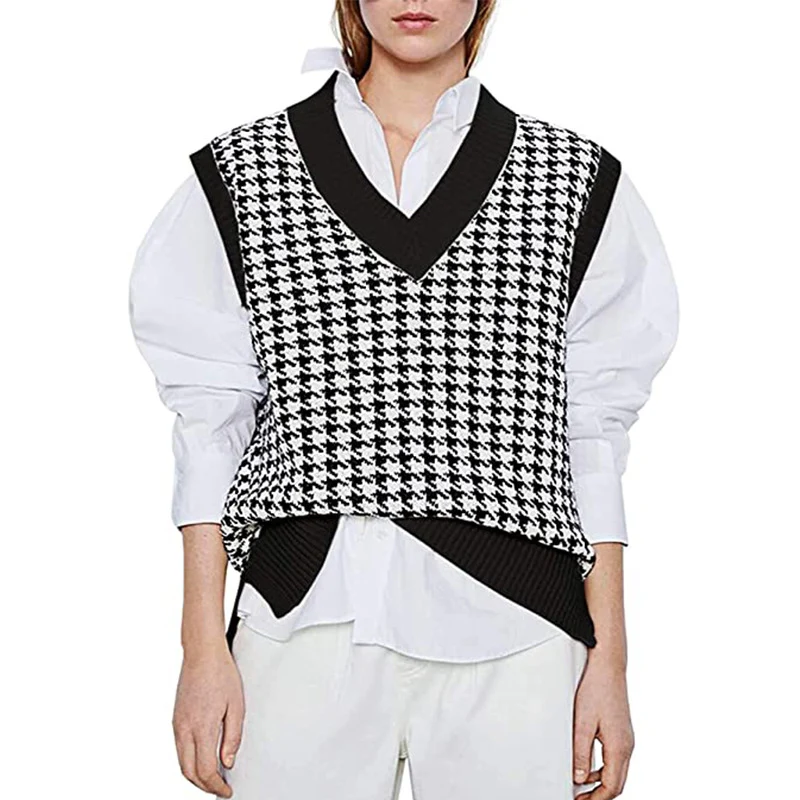 Damen Strickweste mit Hahnentritt-Muster, V-Ausschnitt und geripptem Saum Nord Taschen
