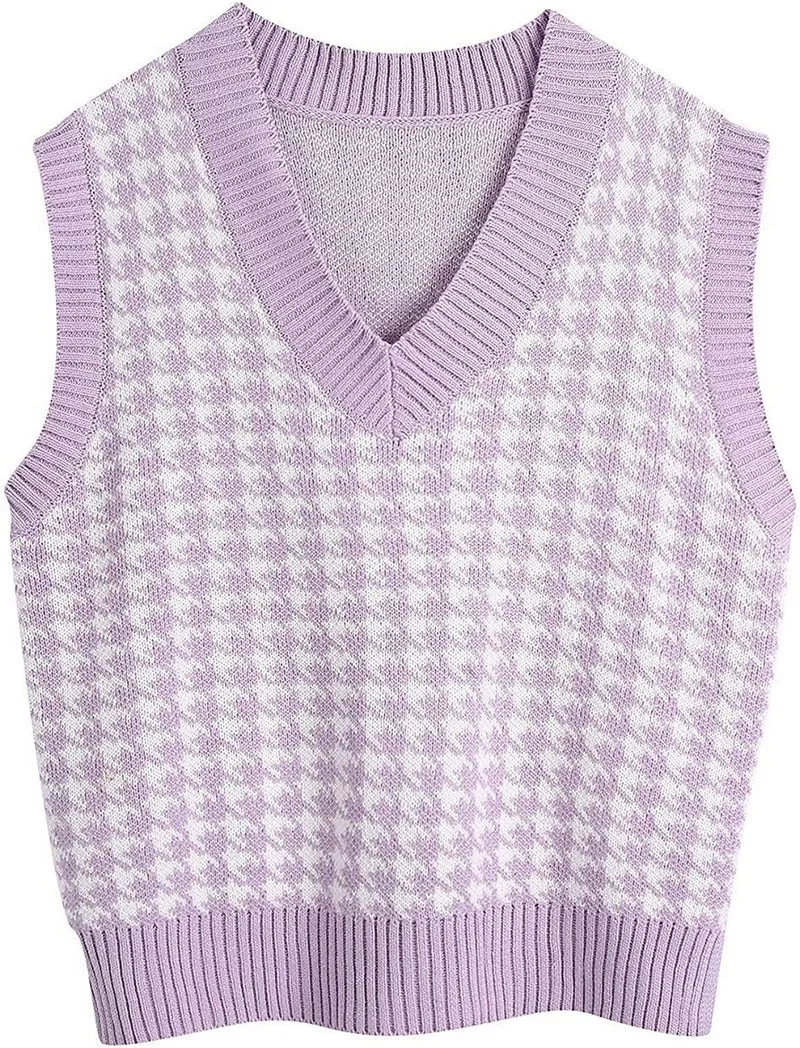 Damen Strickweste mit Hahnentritt-Muster, V-Ausschnitt und geripptem Saum Nord Taschen