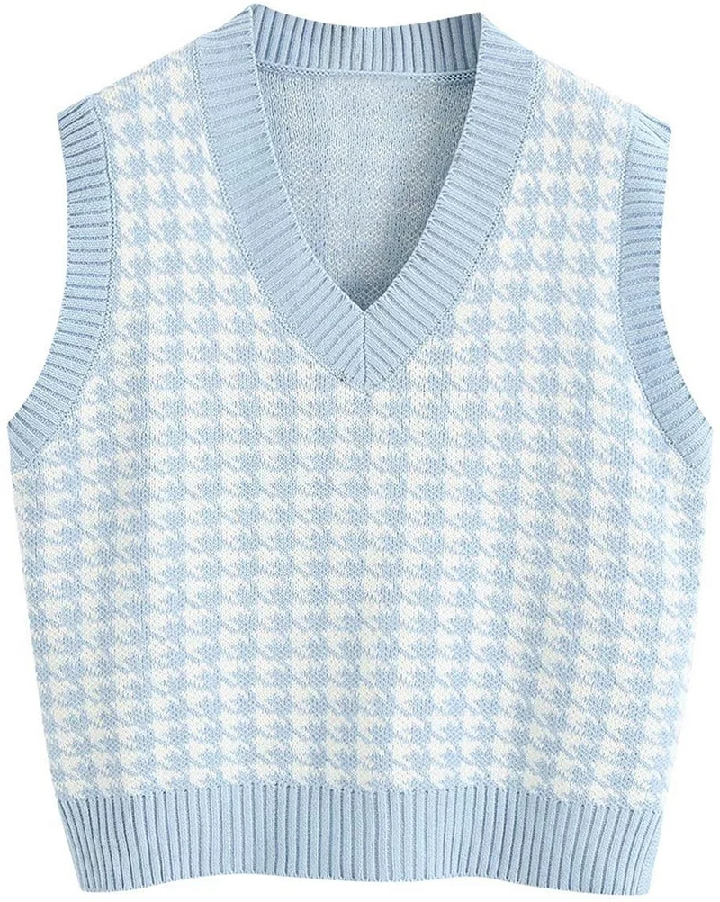 Damen Strickweste mit Hahnentritt-Muster, V-Ausschnitt und geripptem Saum Nord Taschen