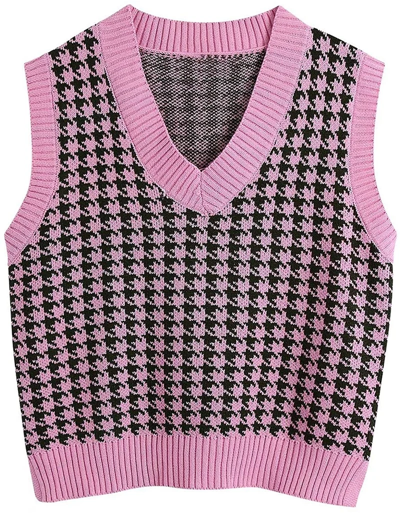 Damen Strickweste mit Hahnentritt-Muster, V-Ausschnitt und geripptem Saum Nord Taschen
