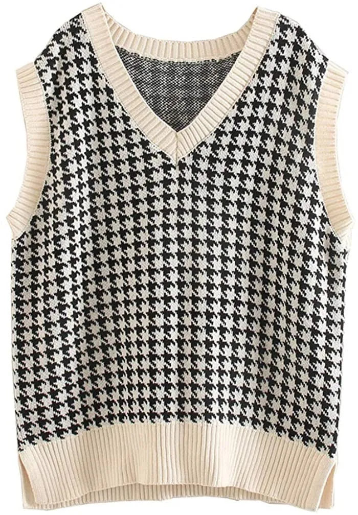 Damen Strickweste mit Hahnentritt-Muster, V-Ausschnitt und geripptem Saum Nord Taschen