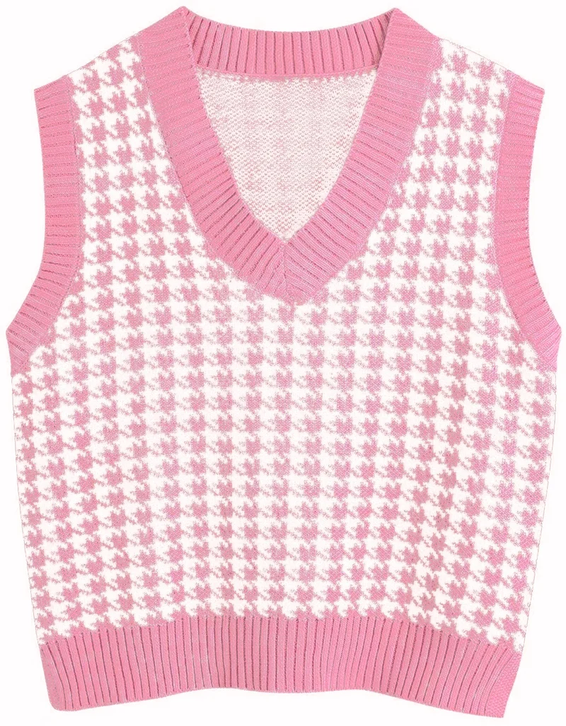 Damen Strickweste mit Hahnentritt-Muster, V-Ausschnitt und geripptem Saum Nord Taschen