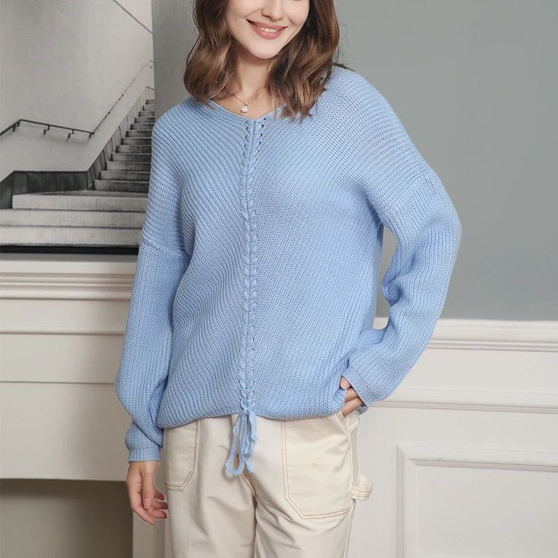 Damen Strickpullover mit Zopfmittelnaht, V‑Ausschnitt und Kordelzug Nord Taschen