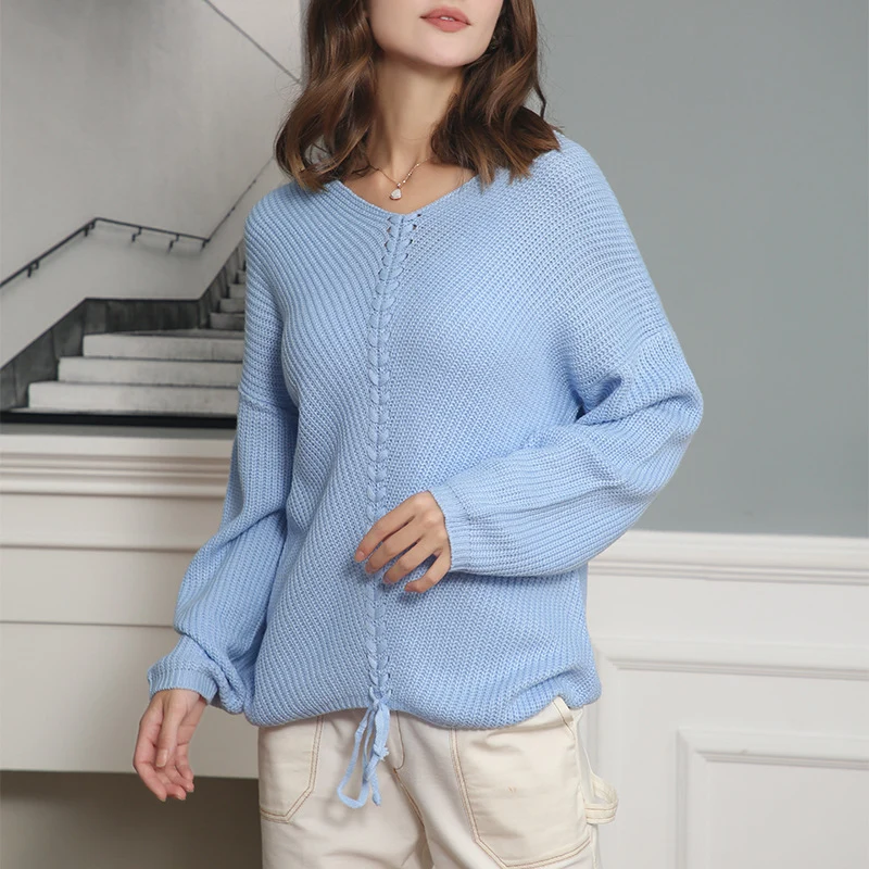 Damen Strickpullover mit Zopfmittelnaht, V‑Ausschnitt und Kordelzug Nord Taschen