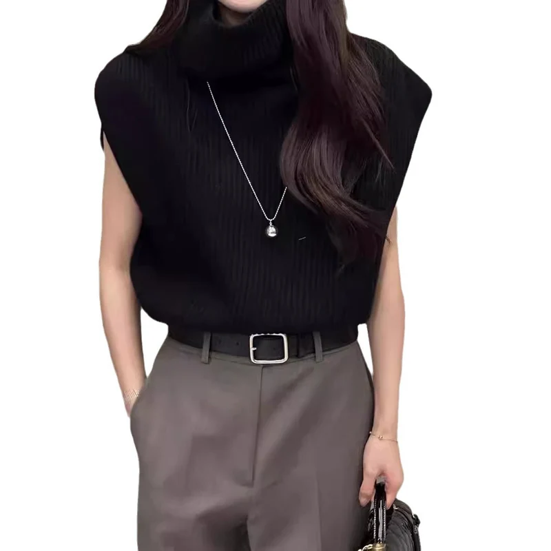 Damen Strick-Ärmellose Weste mit Rollkragen und Rippstruktur Nord Taschen