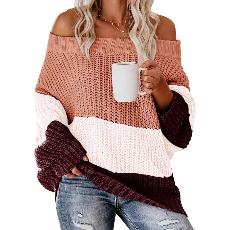 Damen Schulterfreier Oversize Blockstreifen Strickpullover Nord Taschen