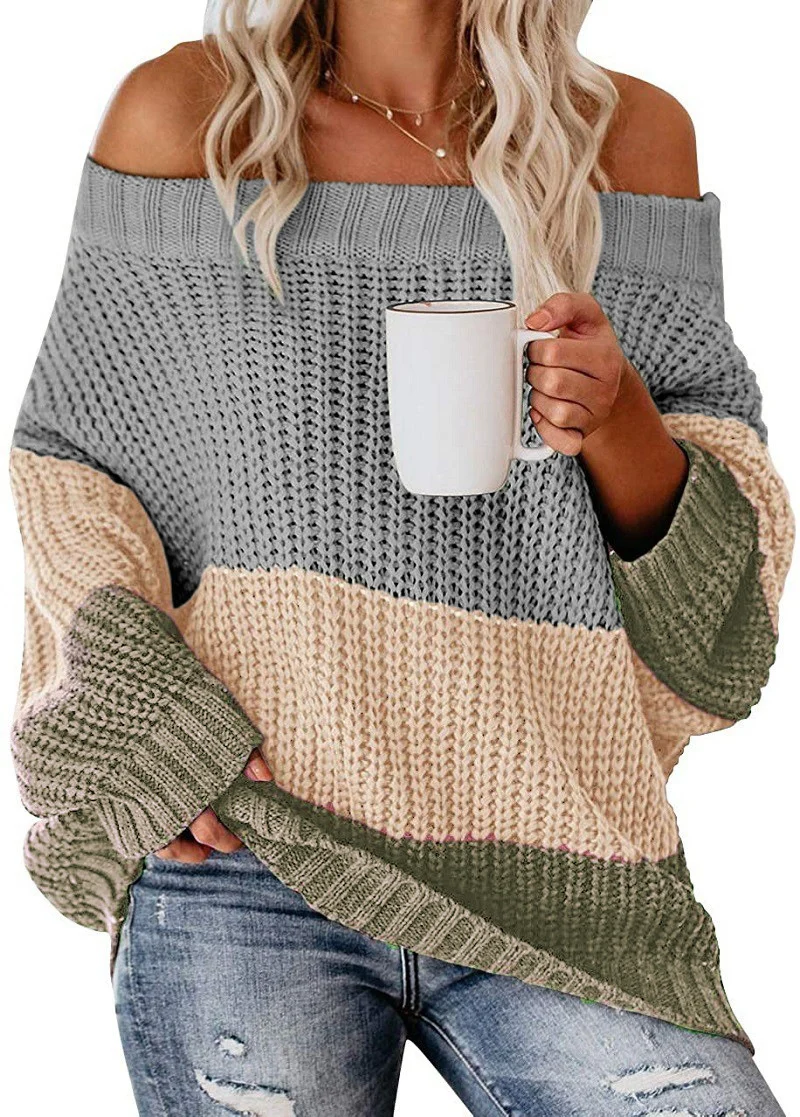 Damen Schulterfreier Oversize Blockstreifen Strickpullover Nord Taschen