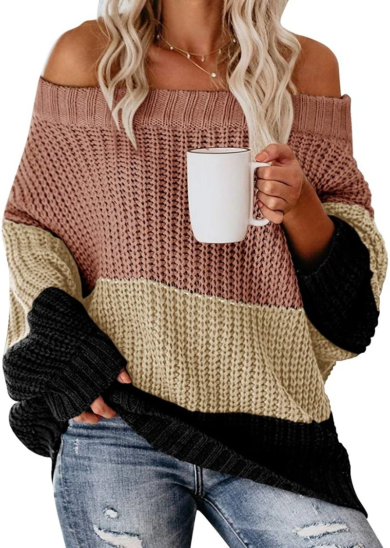 Damen Schulterfreier Oversize Blockstreifen Strickpullover Nord Taschen