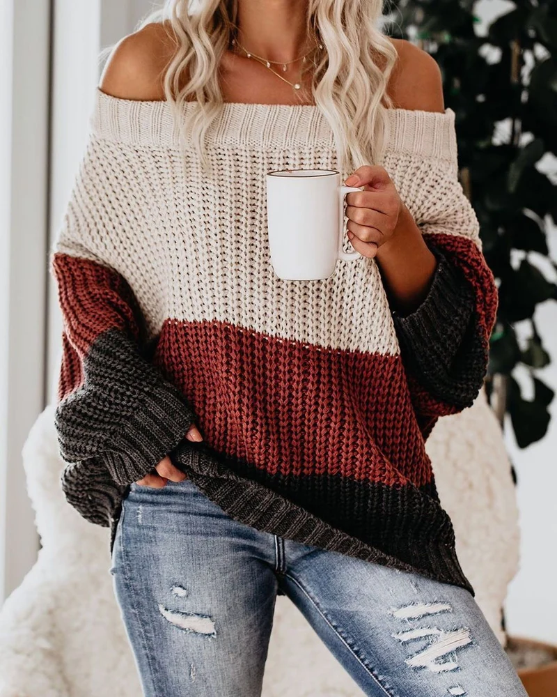 Damen Schulterfreier Oversize Blockstreifen Strickpullover Nord Taschen
