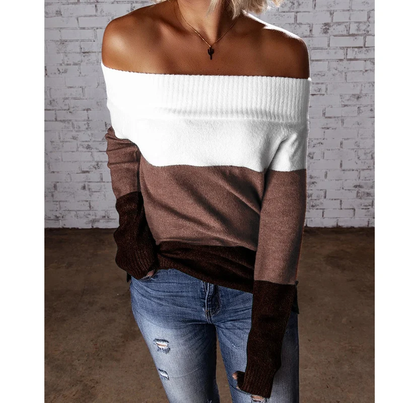 Damen Schulterfreier Colorblock-Strickpullover mit Umschlagkragen Nord Taschen