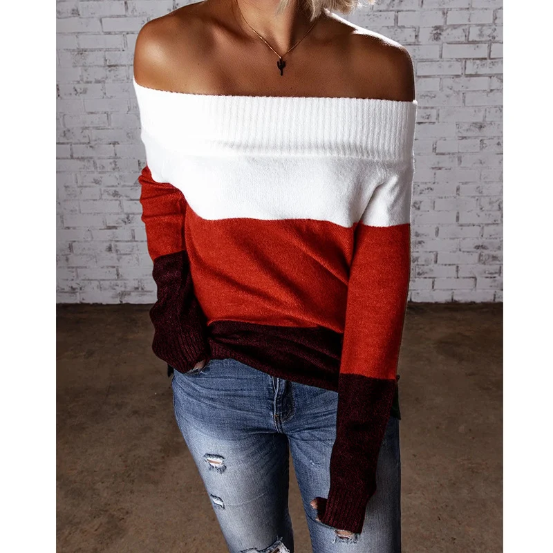 Damen Schulterfreier Colorblock-Strickpullover mit Umschlagkragen Nord Taschen