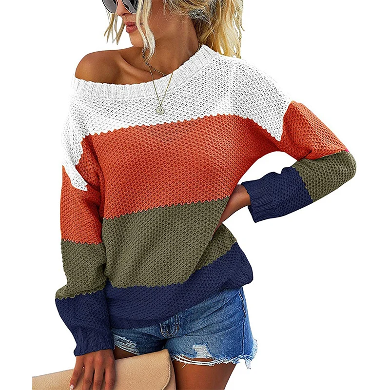 Damen Schulterfreier Blockstreifen-Strickpullover mit Waffelstruktur und Oversize-Schnitt Nord Taschen