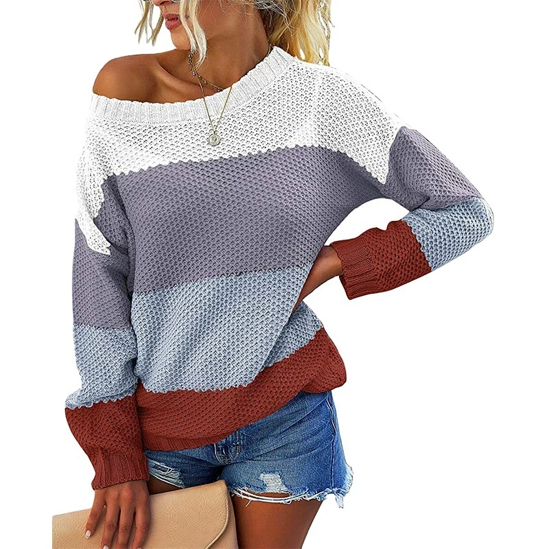 Damen Schulterfreier Blockstreifen-Strickpullover mit Waffelstruktur und Oversize-Schnitt Nord Taschen
