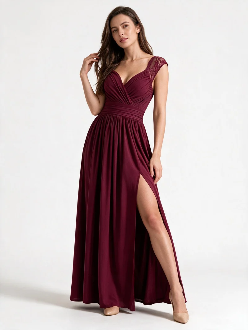Damen Abendkleid mit Elegantem V-Ausschnitt und Rüschendetails - Vittorelli