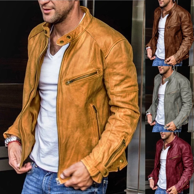 Herren Biker-Lederjacke aus gewaschenem Vollleder mit Stehkragen Nord Taschen