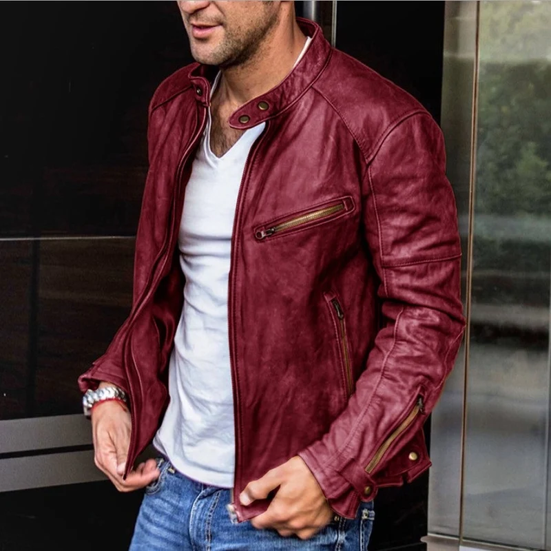 Herren Biker-Lederjacke aus gewaschenem Vollleder mit Stehkragen Nord Taschen