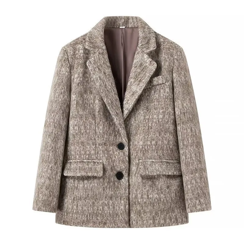 Damen Boxy Wollmix-Blazer-Mantel mit Bouclé‑Struktur, Reverskragen und Pattentaschen Nord Taschen