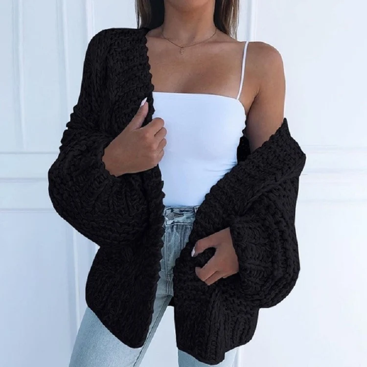 Damen Oversized Grobstrick-Cardigan mit Balloon-Ärmeln und offener Front Nord Taschen