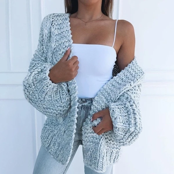 Damen Oversized Grobstrick-Cardigan mit Balloon-Ärmeln und offener Front Nord Taschen