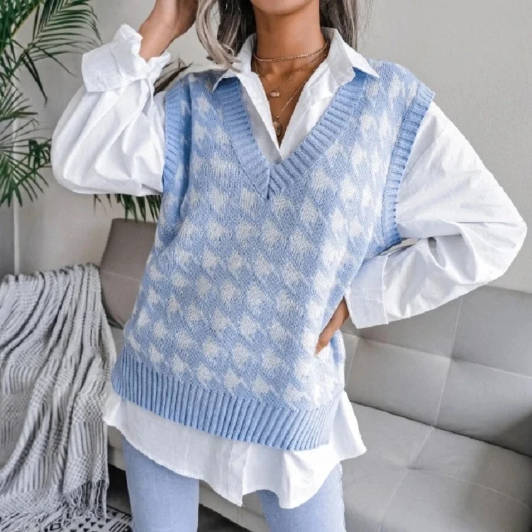 Damen Oversize Strickweste mit Hahnentritt-Muster und V-Ausschnitt Nord Taschen
