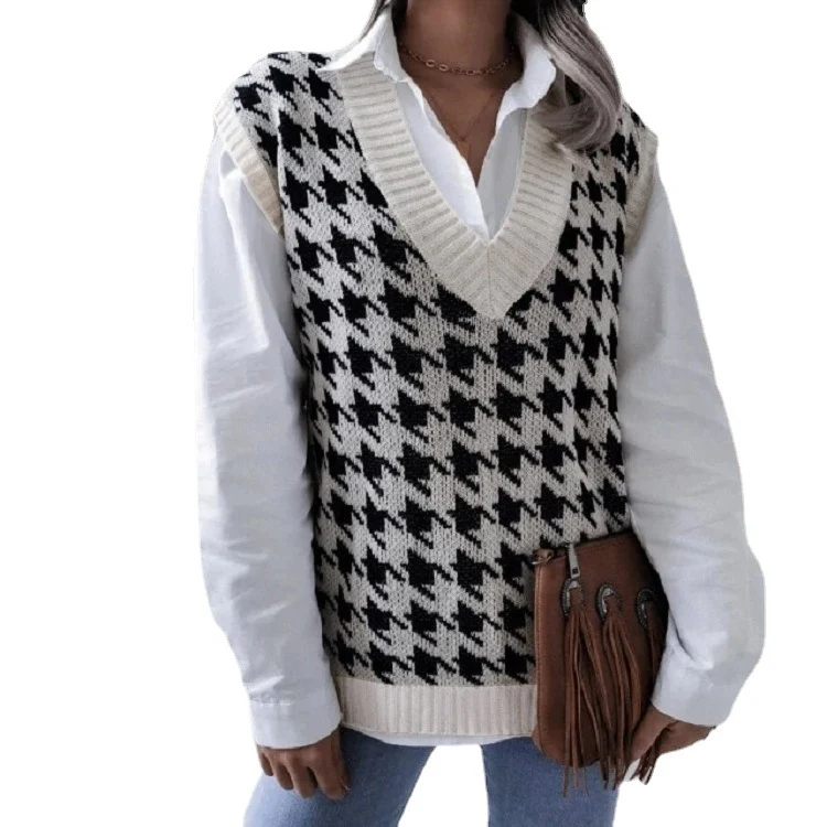 Damen Oversize Strickweste mit Hahnentritt-Muster und V-Ausschnitt Nord Taschen