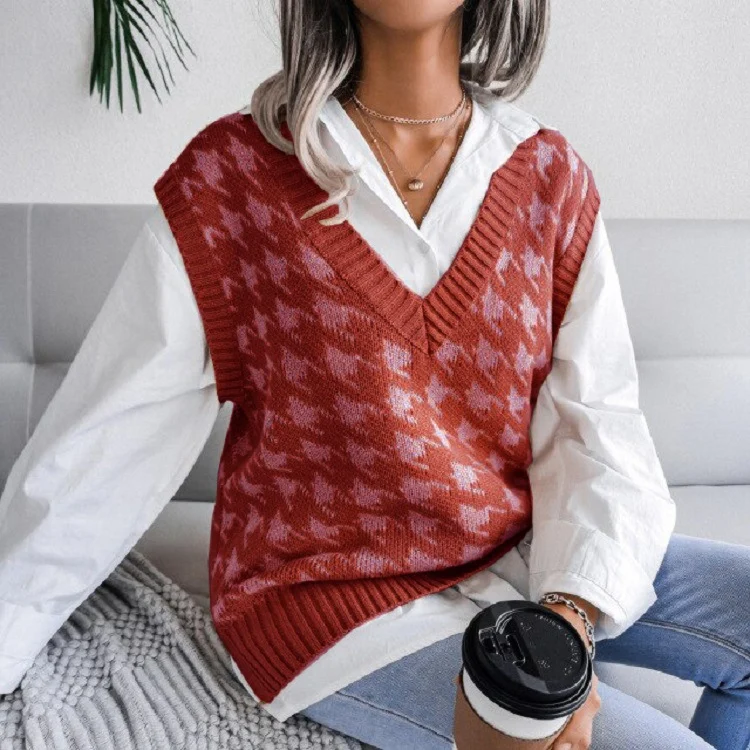 Damen Oversize Strickweste mit Hahnentritt-Muster und V-Ausschnitt Nord Taschen