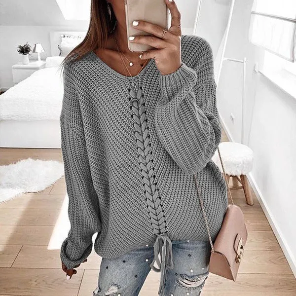 Damen Oversize Strickpullover mit V-Ausschnitt, Zopfstrick und Schnürung Nord Taschen