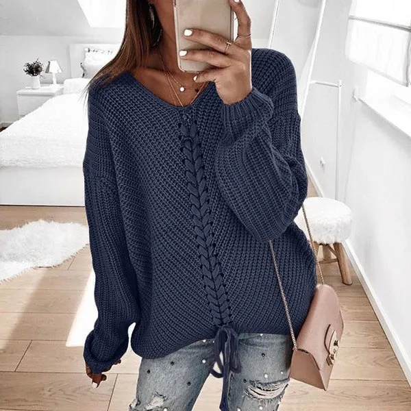 Damen Oversize Strickpullover mit V-Ausschnitt, Zopfstrick und Schnürung Nord Taschen