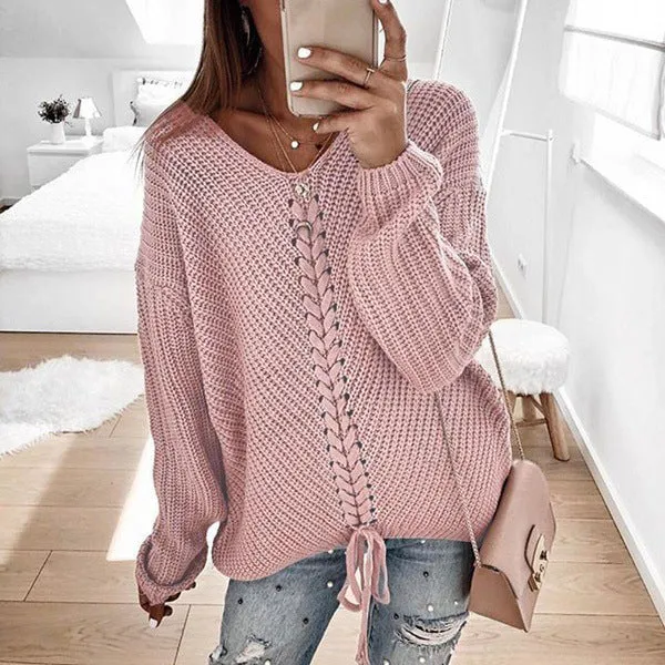 Damen Oversize Strickpullover mit V-Ausschnitt, Zopfstrick und Schnürung Nord Taschen