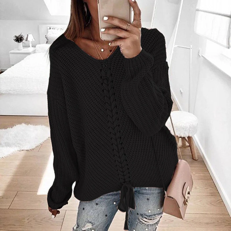 Damen Oversize Strickpullover mit V-Ausschnitt, Zopfstrick und Schnürung Nord Taschen