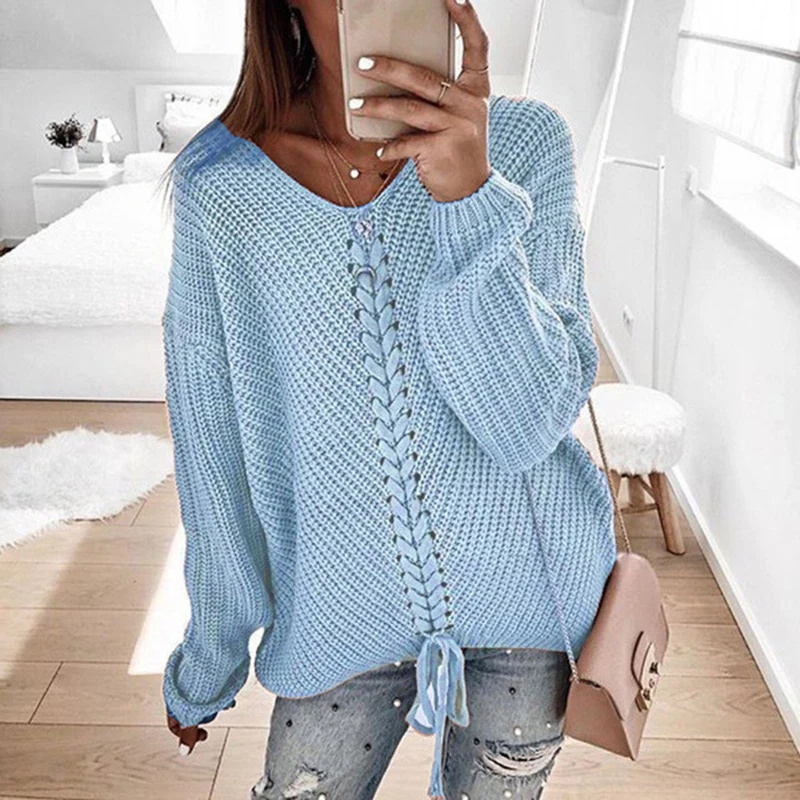 Damen Oversize Strickpullover mit V-Ausschnitt, Zopfstrick und Schnürung Nord Taschen