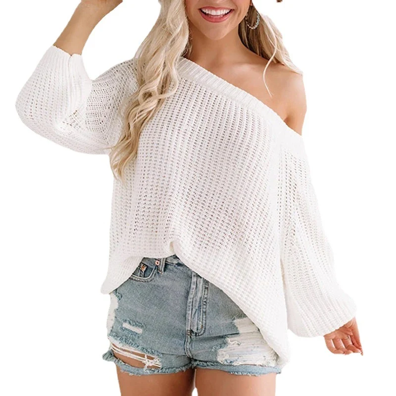 Damen Oversize Strickpullover mit Off-Shoulder Ajourmuster und weitem Saum Nord Taschen