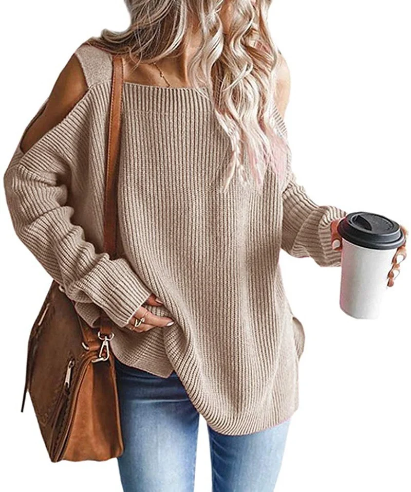 Damen Oversize Strickpullover mit Cut-Out-Schulter, geripptem Feinstrick und weitem U-Boot-Ausschnitt Nord Taschen