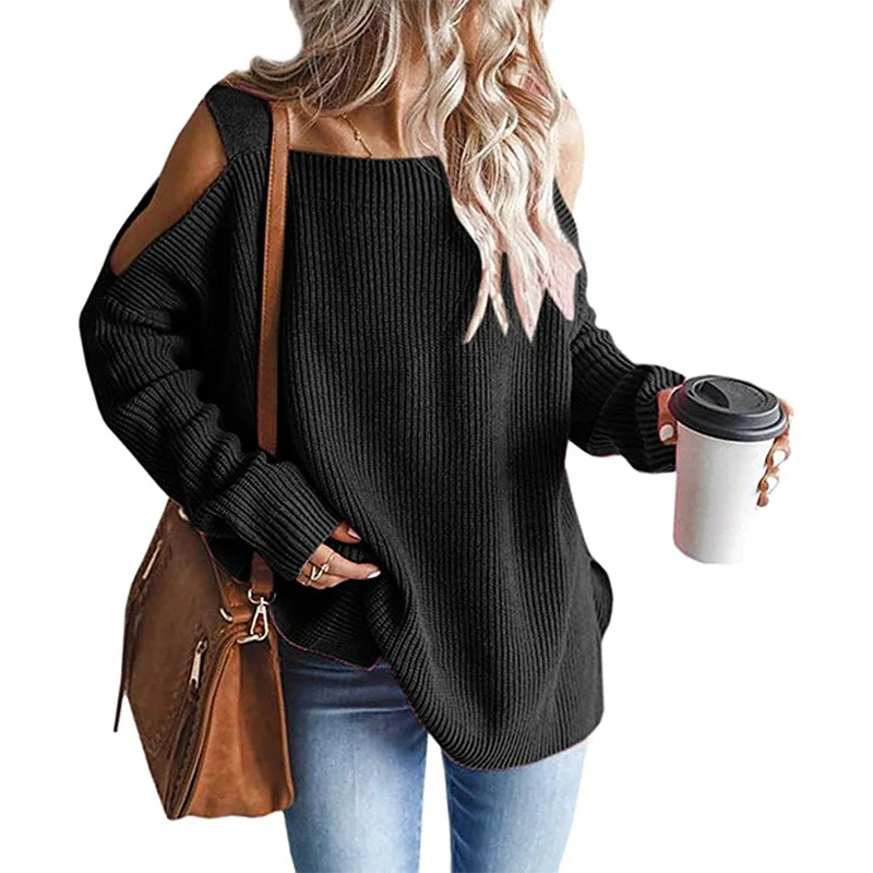 Damen Oversize Strickpullover mit Cut-Out-Schulter, geripptem Feinstrick und weitem U-Boot-Ausschnitt Nord Taschen