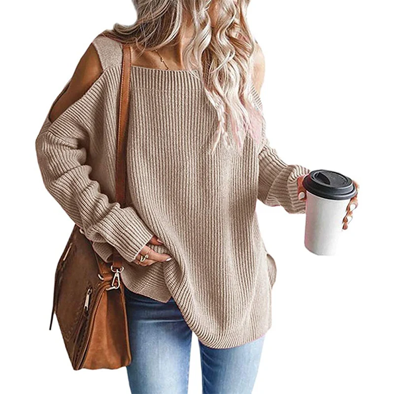 Damen Oversize Strickpullover mit Cut-Out-Schulter, geripptem Feinstrick und weitem U-Boot-Ausschnitt Nord Taschen