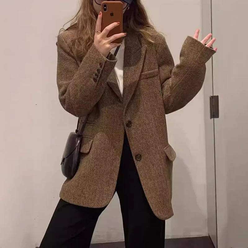 Damen Oversize-Blazer aus Wollmix mit Fischgrätstruktur, kastiger Silhouette & Pattentaschen Nord Taschen