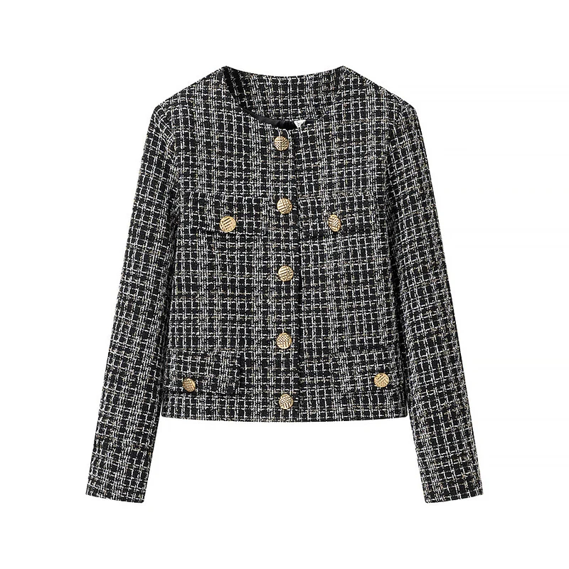 Damen Bouclé-Tweed-Jacke mit Rundhalsausschnitt, goldenen Zierknöpfen und aufgesetzten Taschen Nord Taschen