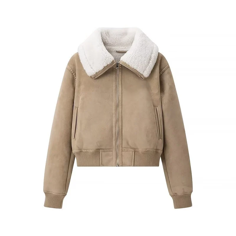 Damen Bomberjacke aus Veloursimitat mit Teddyfutter und großem Schalkragen Nord Taschen