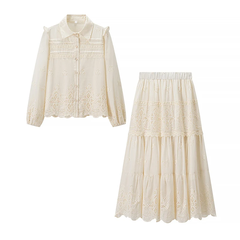 Damen Boho‑Maxikleid mit Stickereien, Spitzenbesatz, elastischer Taille und Hemdkragen Nord Taschen