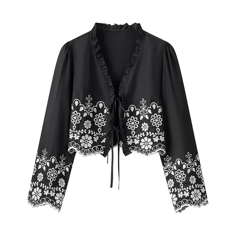 Damen Besticktes Kurzbolero mit Rüschen-V-Ausschnitt und Schnürverschluss Nord Taschen