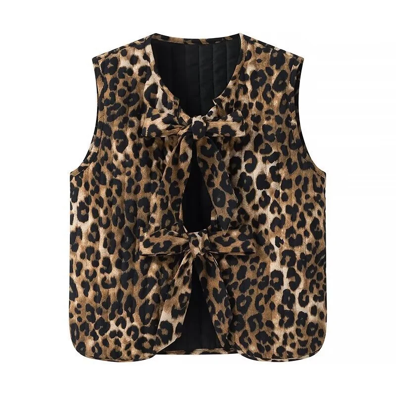 Damen Ärmellose Leoparden-Print-Weste mit Bindeschleifen und strukturierter Oberfläche Nord Taschen