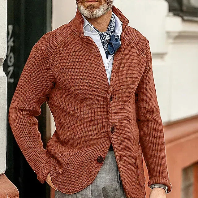Herren Waffelstruktur-Cardigan-Blazer mit Stehkragen und aufgesetzten Taschen Nord Taschen