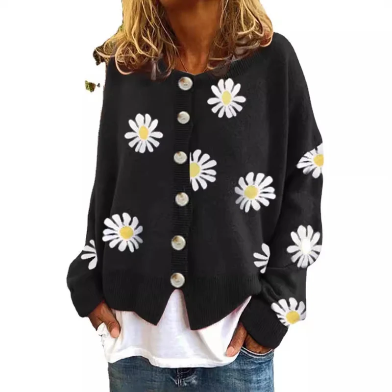 Damen Oversize Strickcardigan mit Knopfleiste und Gänseblümchen-Print Nord Taschen