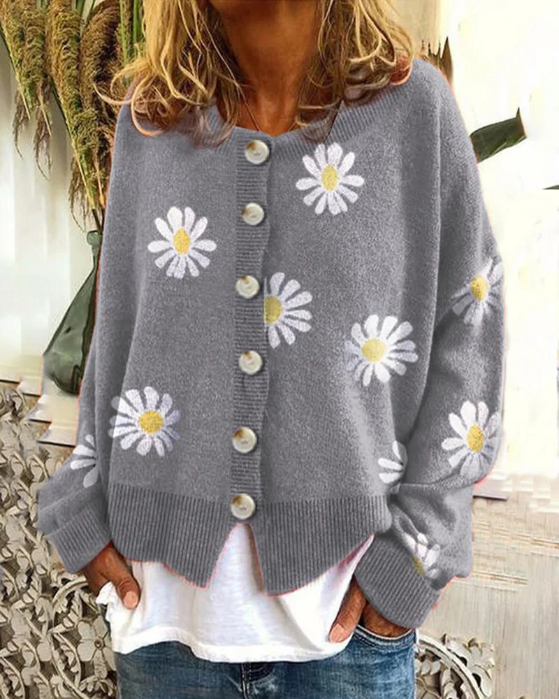 Damen Oversize Strickcardigan mit Knopfleiste und Gänseblümchen-Print Nord Taschen