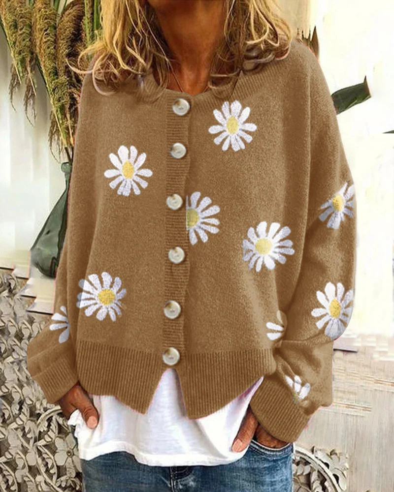 Damen Oversize Strickcardigan mit Knopfleiste und Gänseblümchen-Print Nord Taschen