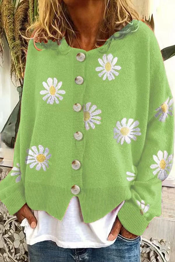 Damen Oversize Strickcardigan mit Knopfleiste und Gänseblümchen-Print Nord Taschen