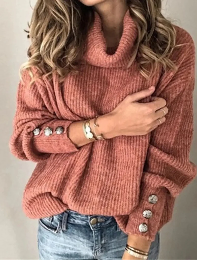 Damen Oversize-Rollkragenpullover mit Strukturstrick und Zierknöpfen Nord Taschen