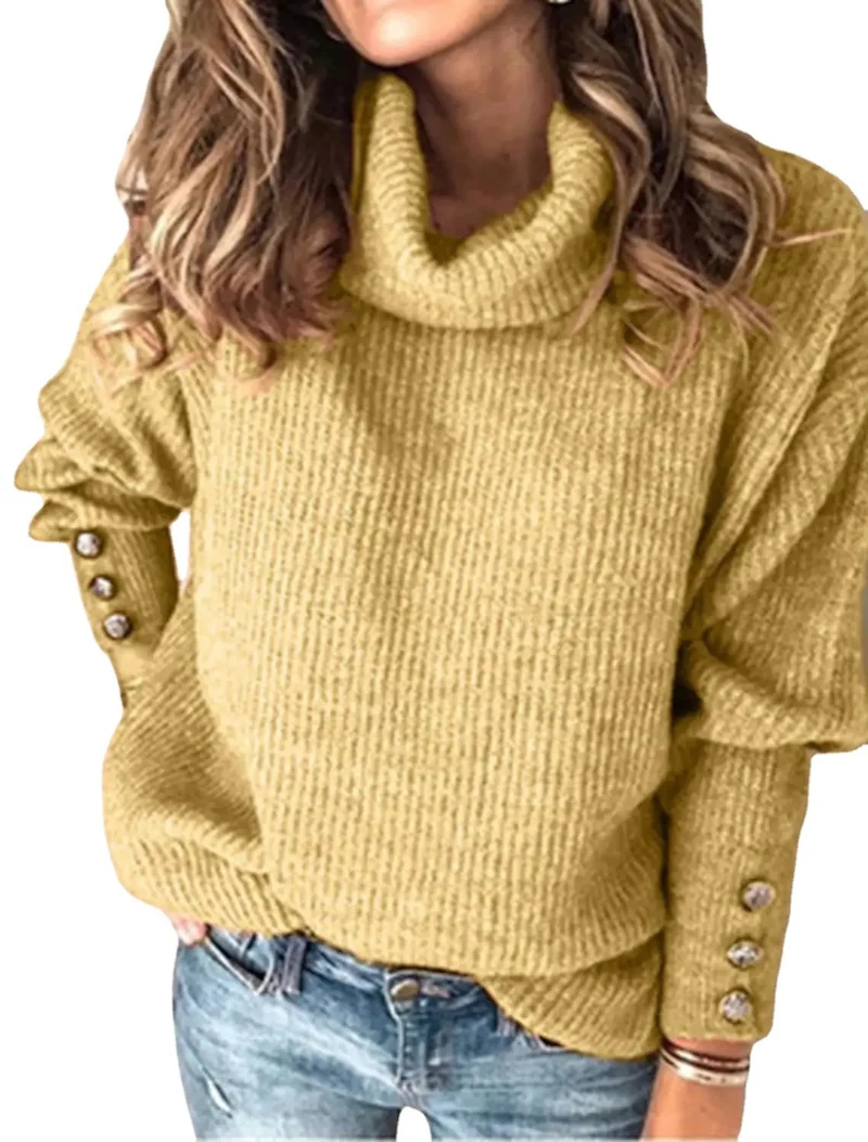 Damen Oversize-Rollkragenpullover mit Strukturstrick und Zierknöpfen Nord Taschen